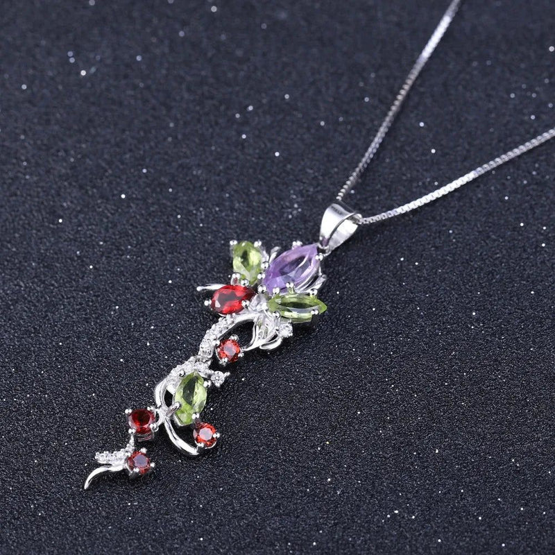 Multicolor Natural Peridot Amethyst Garnet Flower Pendant Necklace