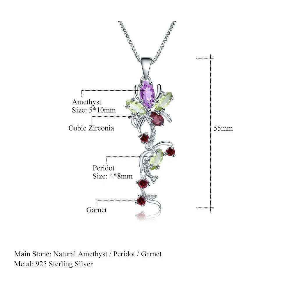 Multicolor Natural Peridot Amethyst Garnet Flower Pendant Necklace