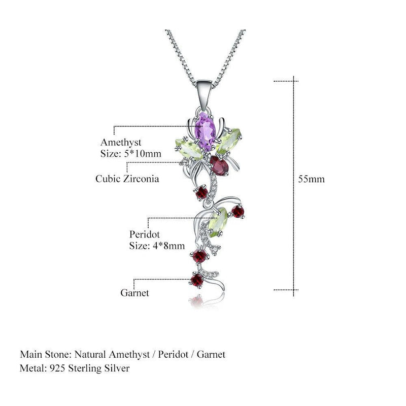 Multicolor Natural Peridot Amethyst Garnet Flower Pendant Necklace