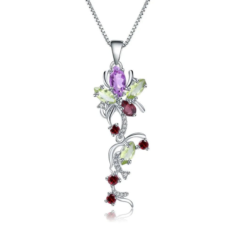 Multicolor Natural Peridot Amethyst Garnet Flower Pendant Necklace