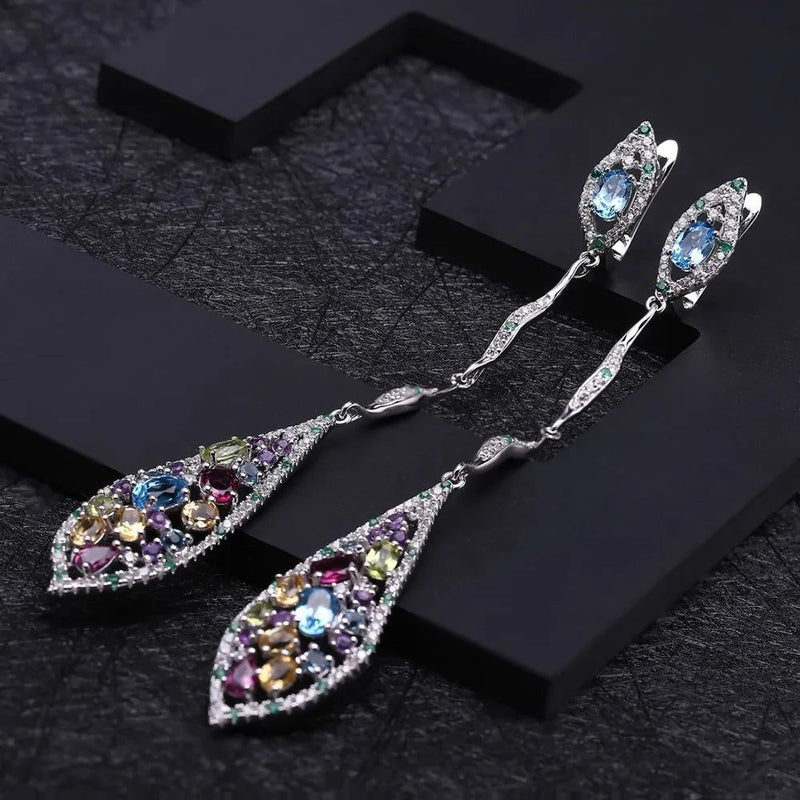 Multicolor Natural Topaz Amethyst Garnet Peridot Citrine 925 Sterling Silver Long Drop Earrings