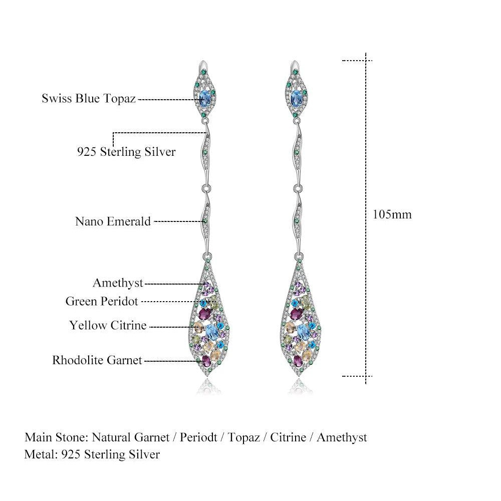 Multicolor Natural Topaz Amethyst Garnet Peridot Citrine 925 Sterling Silver Long Drop Earrings