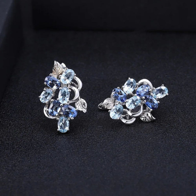 Multicolor Sky Blue Topaz Silver Flower Earrings