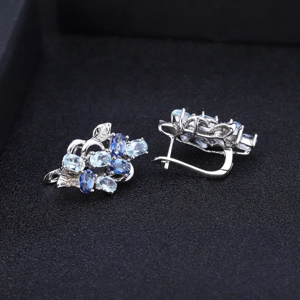 Multicolor Sky Blue Topaz Silver Flower Earrings