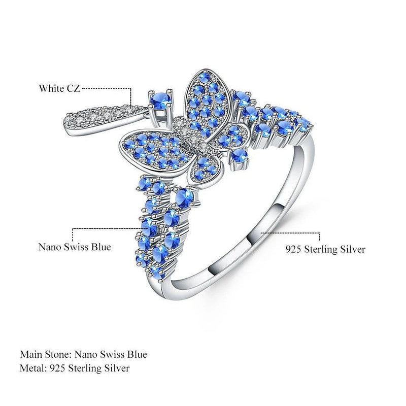 Nano Swiss Blue Butterfly Ring 925 Sterling Silver Vintage