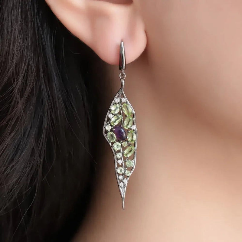 Natural Amethyst Peridot Gemstone Long Earrings 925 Sterling Silver