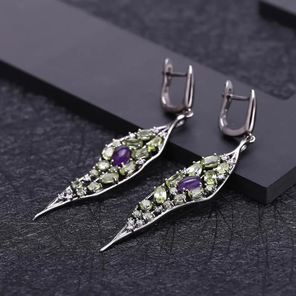 Natural Amethyst Peridot Gemstone Long Earrings 925 Sterling Silver