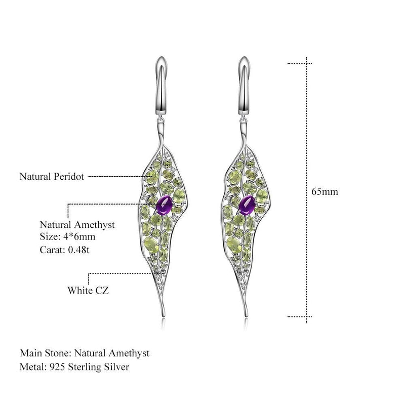 Natural Amethyst Peridot Gemstone Long Earrings 925 Sterling Silver