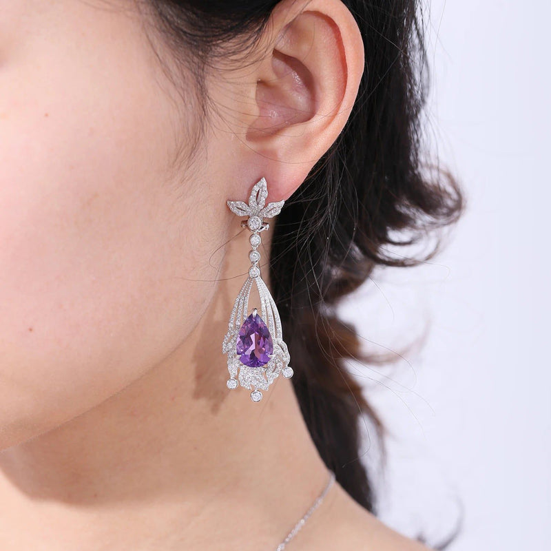 Natural Amethyst Statement Earrings in 925 Sterling Silver