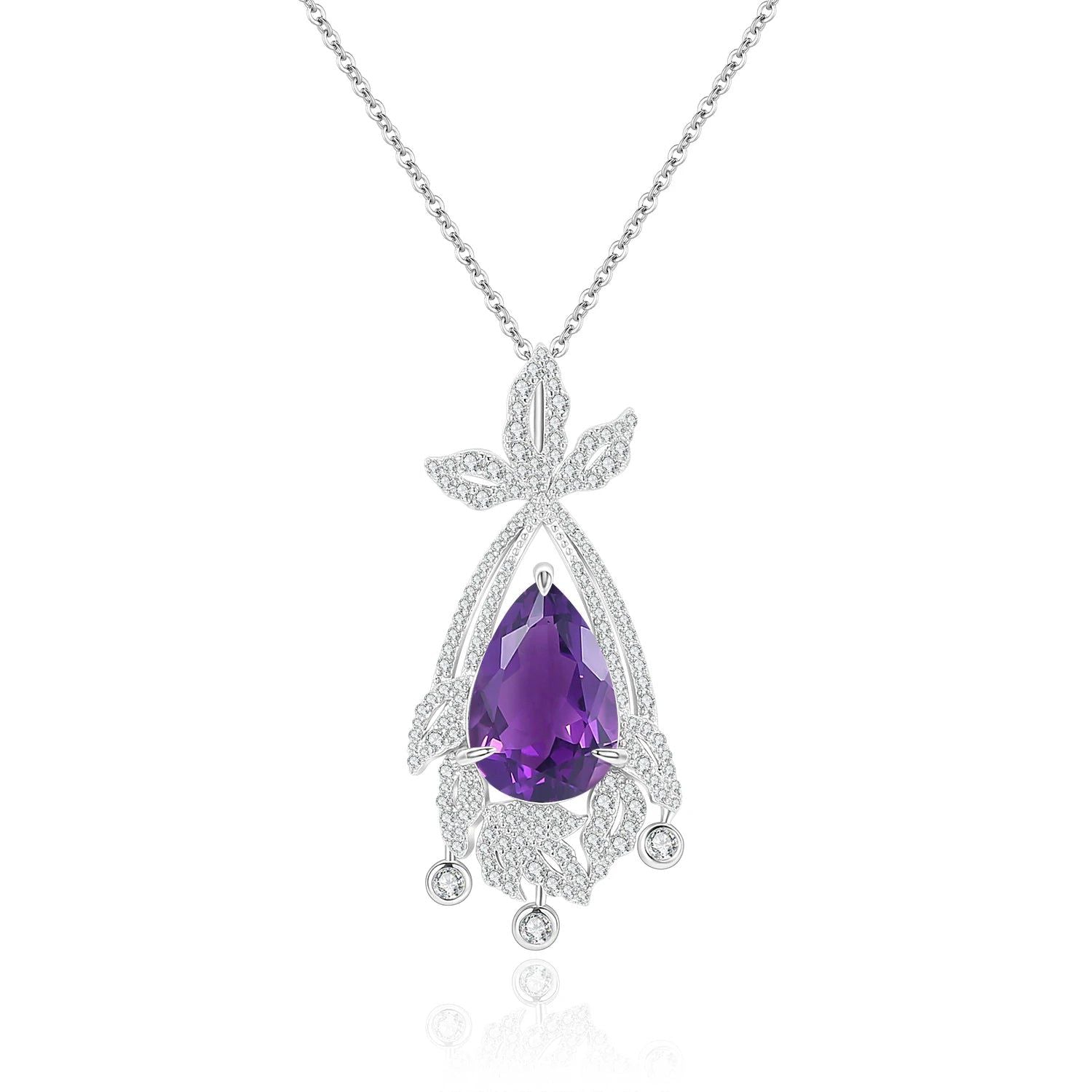 Natural Amethyst Statement Pendant Silver Chandelier Necklace