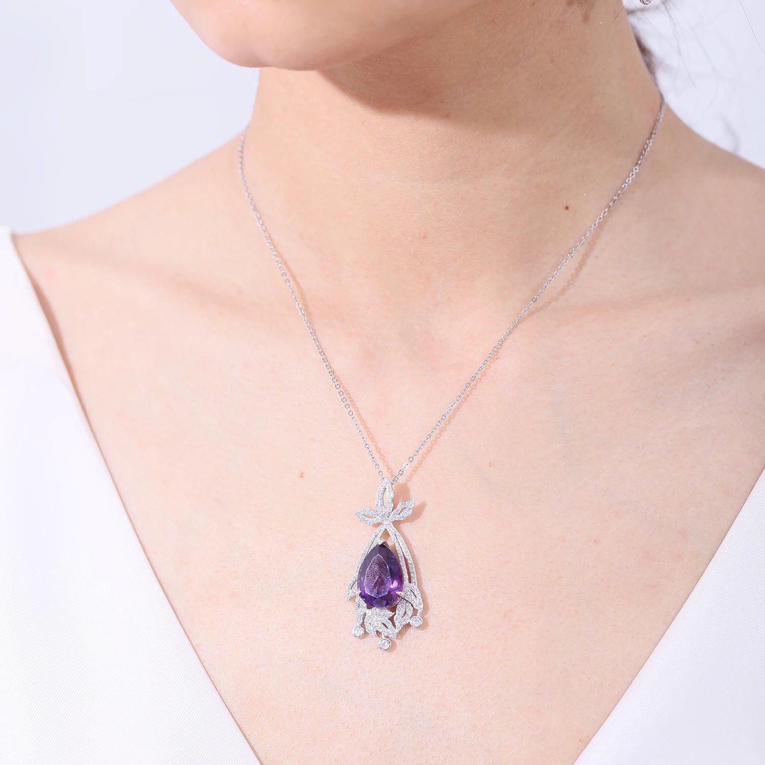 Natural Amethyst Statement Pendant Silver Chandelier Necklace