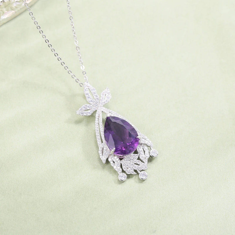 Natural Amethyst Statement Pendant Silver Chandelier Necklace