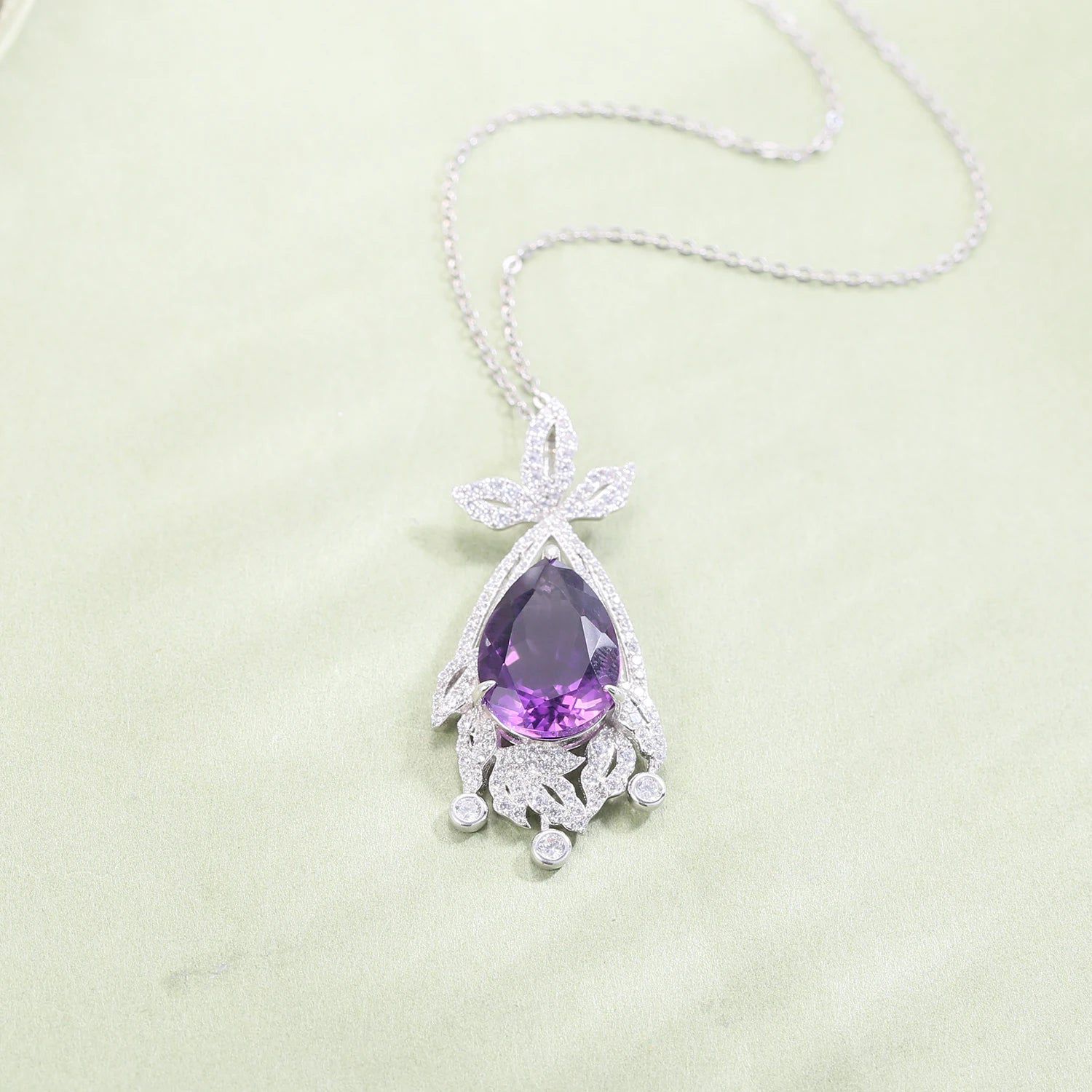 Natural Amethyst Statement Pendant Silver Chandelier Necklace