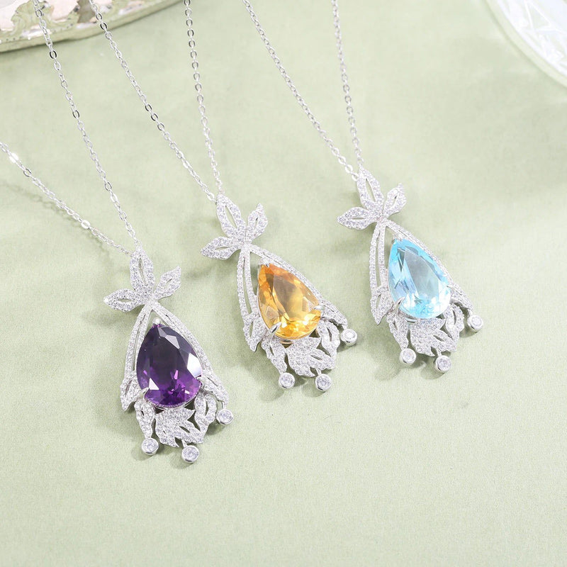 Natural Amethyst Statement Pendant Silver Chandelier Necklace