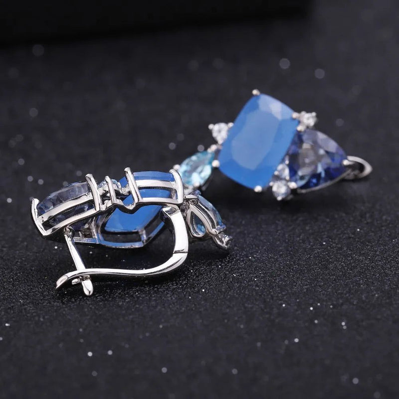 Natural Aqua Blue Calcedony Earrings 925 Sterling Silver