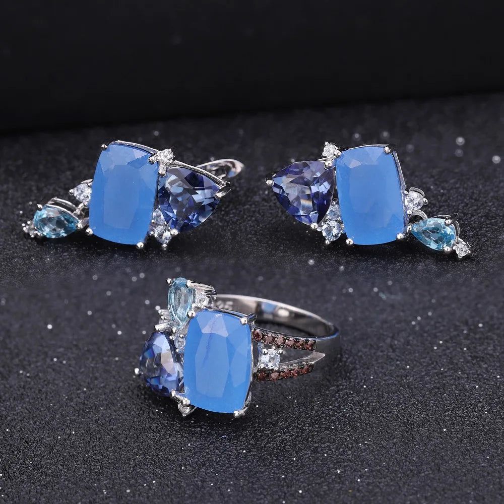 Natural Aqua Blue Calcedony Earrings 925 Sterling Silver