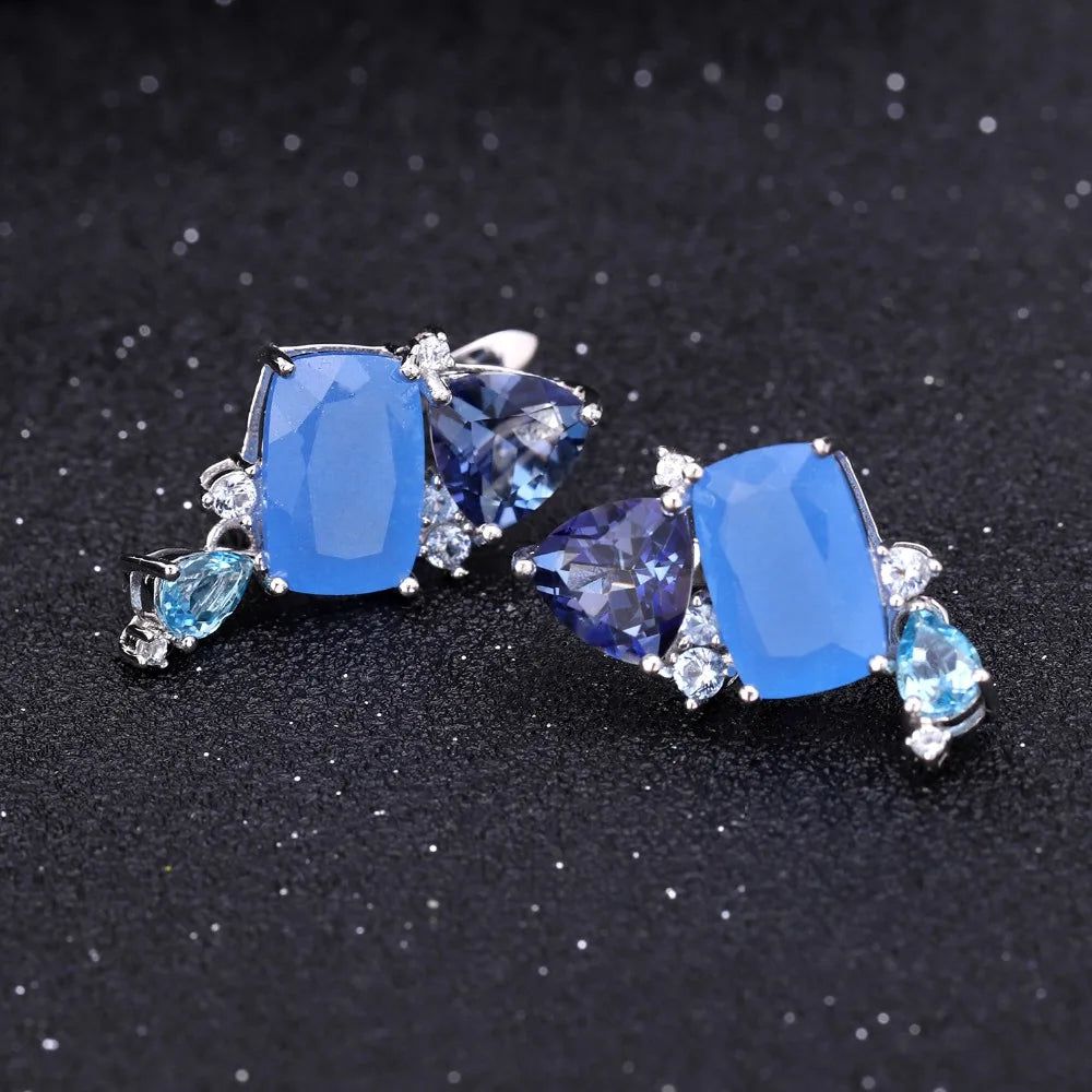 Natural Aqua-blue Calcedony Candy 925 Silver Jewelry Set