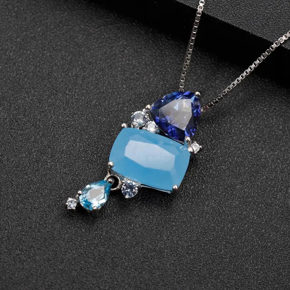 Natural Aqua-blue Calcedony Candy 925 Silver Jewelry Set