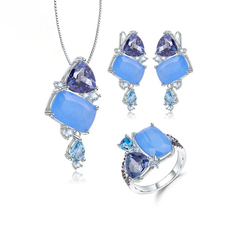 Natural Aqua-blue Calcedony Candy 925 Silver Jewelry Set