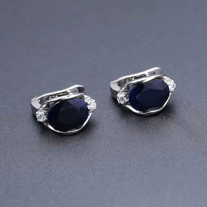 Natural Blue Sapphire Gemstone Ring Earrings Set For Women