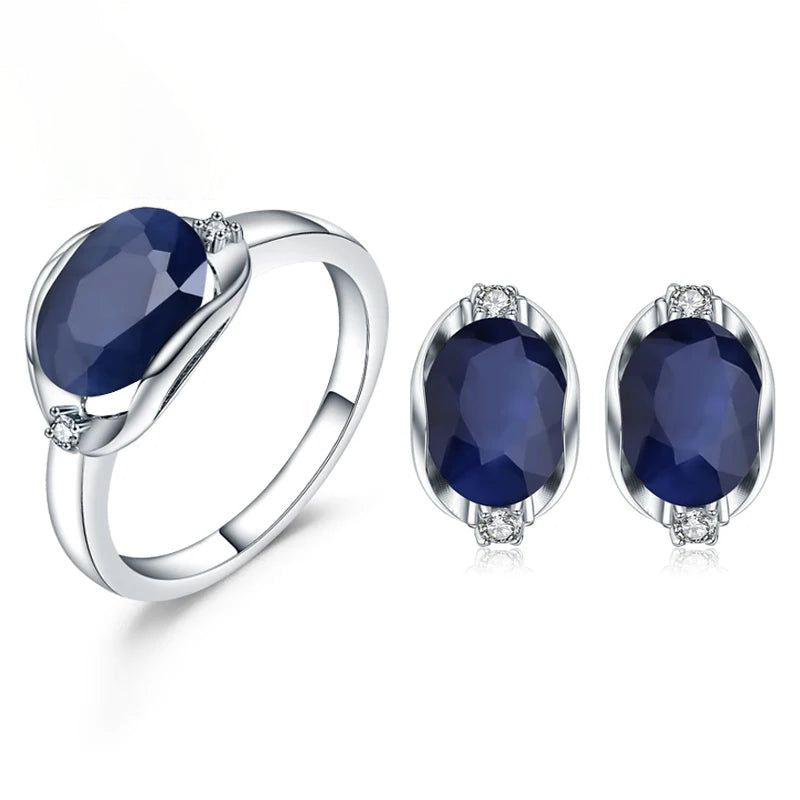 Natural Blue Sapphire Gemstone Ring Earrings Set For Women