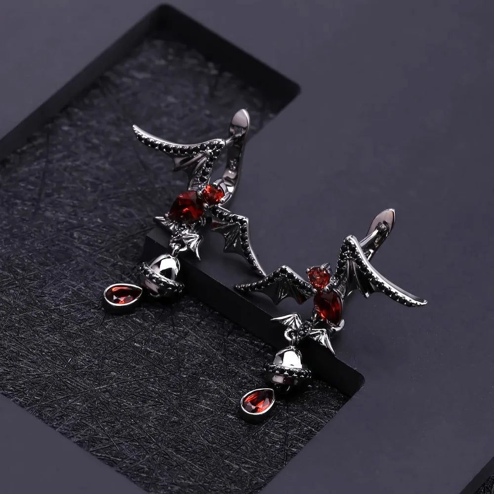 Natural Garnet Gemstone Bat Earrings 925 Sterling Silver