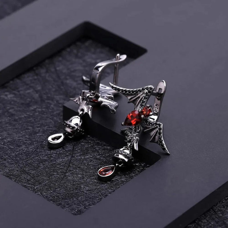 Natural Garnet Gemstone Bat Earrings 925 Sterling Silver