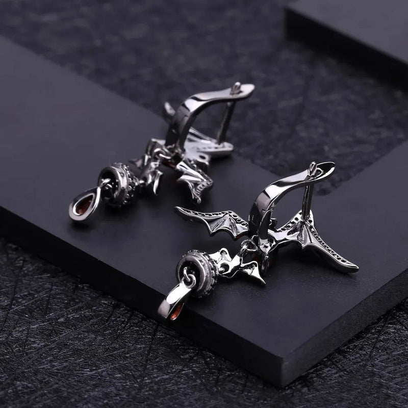 Natural Garnet Gemstone Bat Earrings 925 Sterling Silver