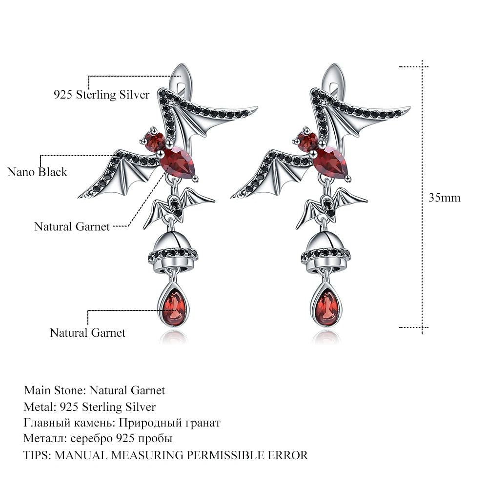 Natural Garnet Gemstone Bat Earrings 925 Sterling Silver