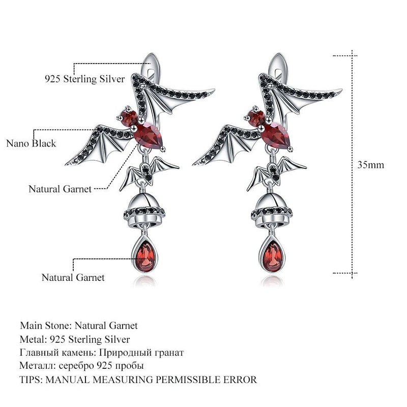 Natural Garnet Gemstone Bat Earrings 925 Sterling Silver