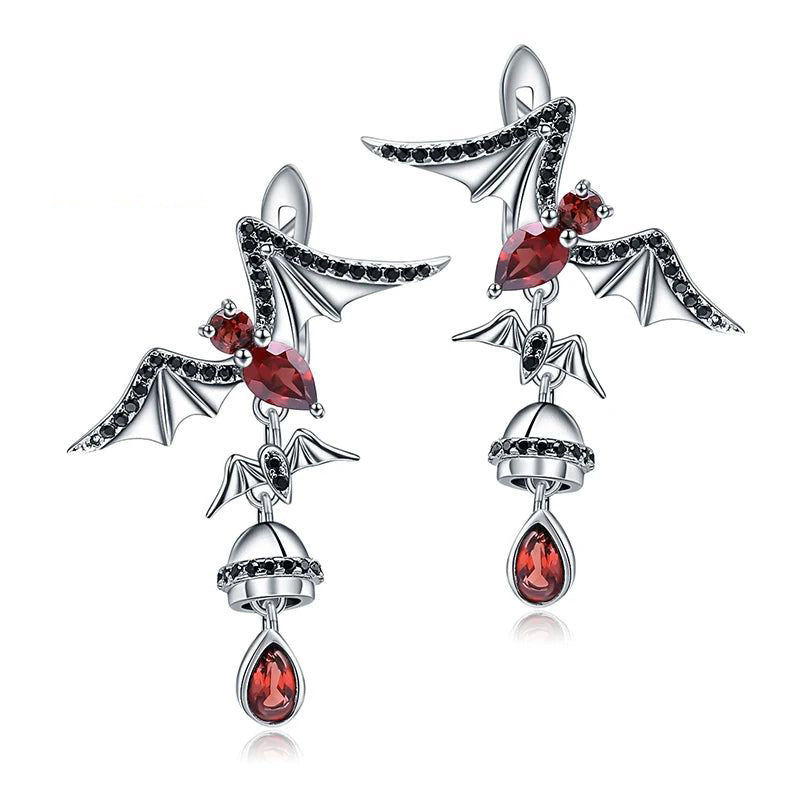 Natural Garnet Gemstone Bat Earrings 925 Sterling Silver