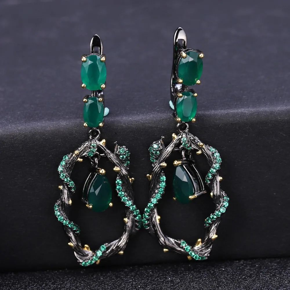 Natural Green Agate Gemstone Earrings 925 Sterling Silver