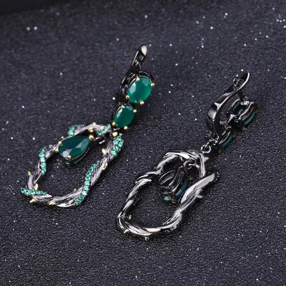 Natural Green Agate Gemstone Earrings 925 Sterling Silver