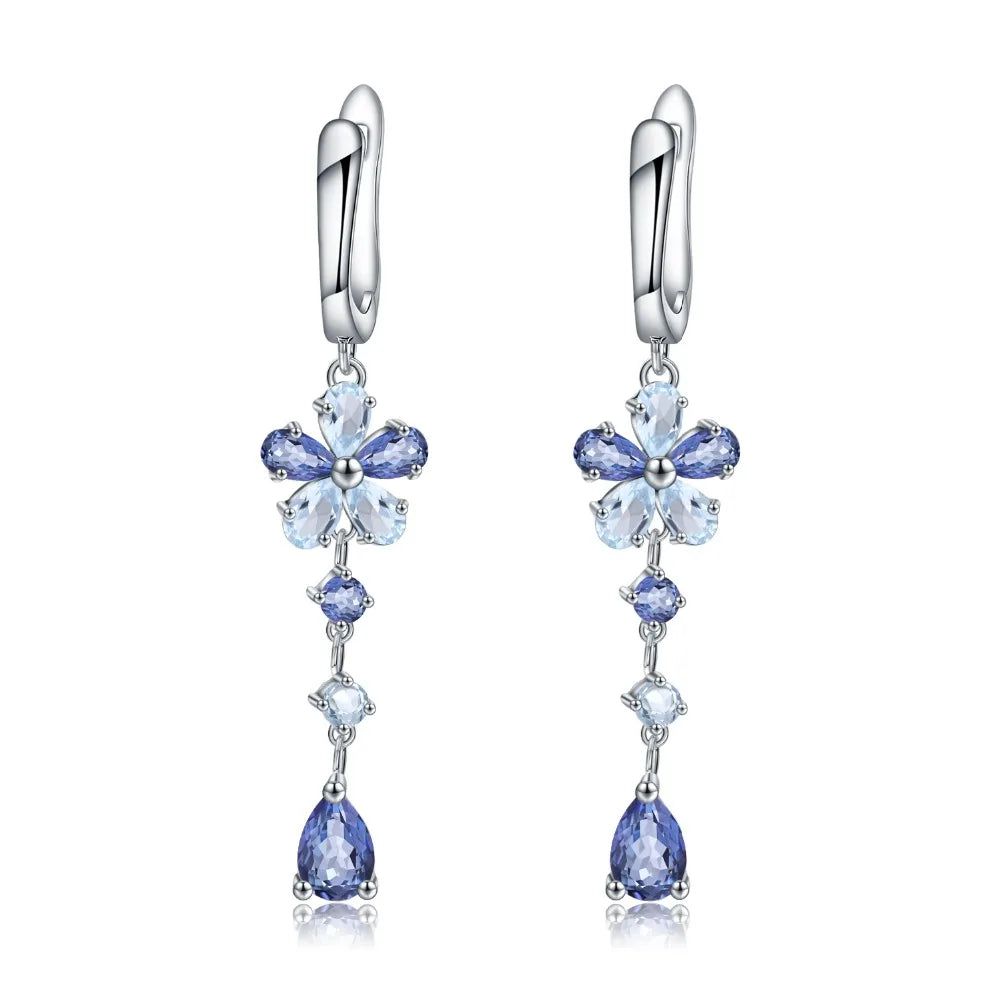 Natural Iolite Blue Mystic Quartz Flower Drop Earrings