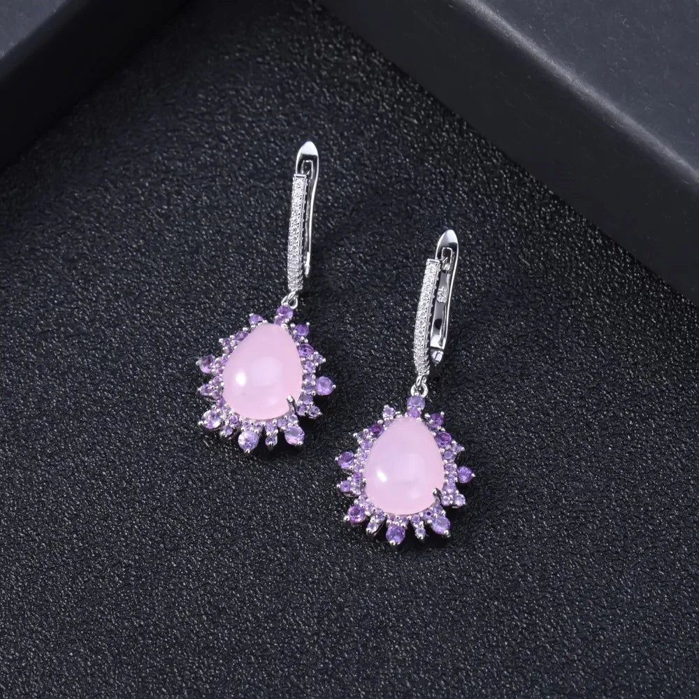 Natural Pink Calcedony Gemstone Earrings 925 Sterling Silver