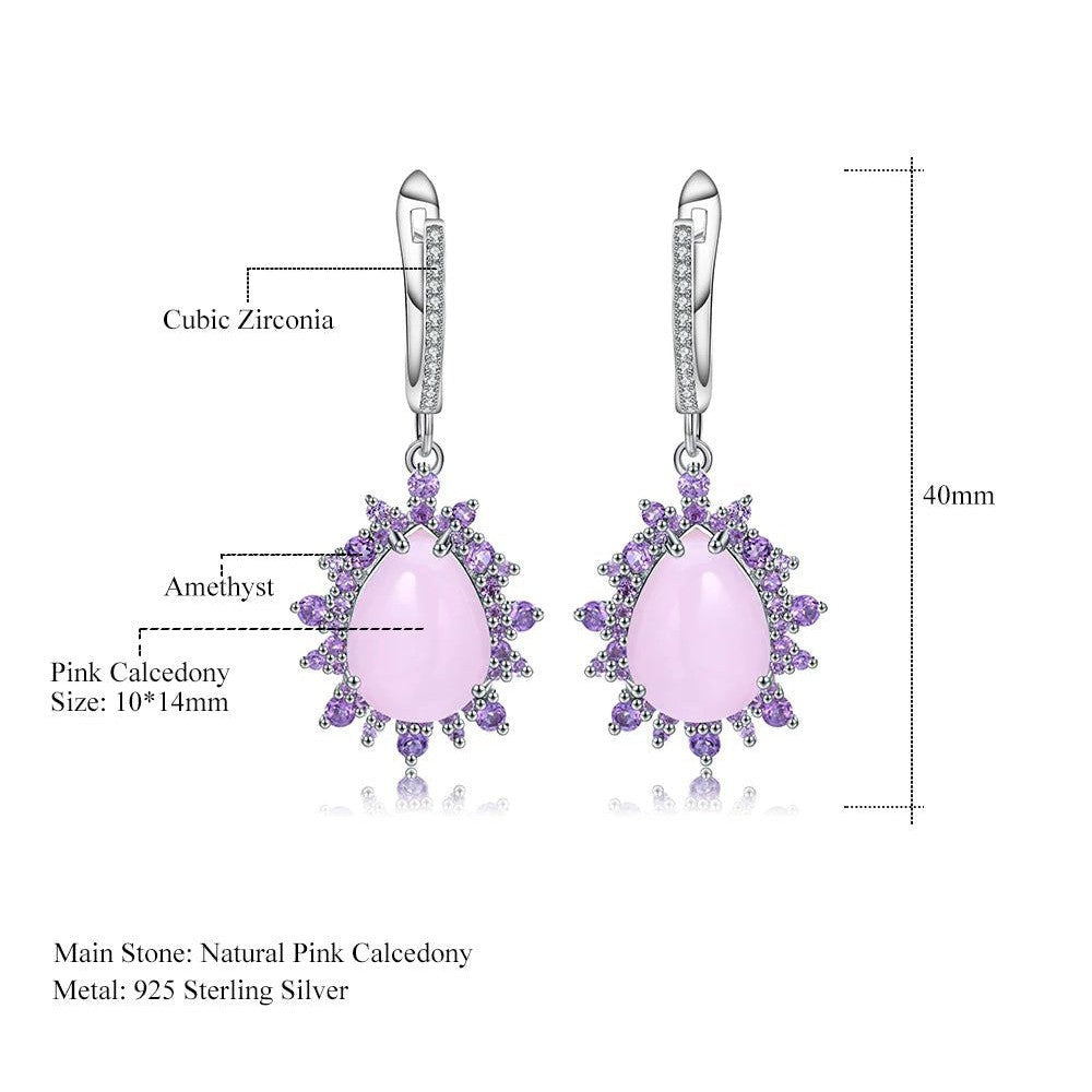 Natural Pink Calcedony Gemstone Earrings 925 Sterling Silver