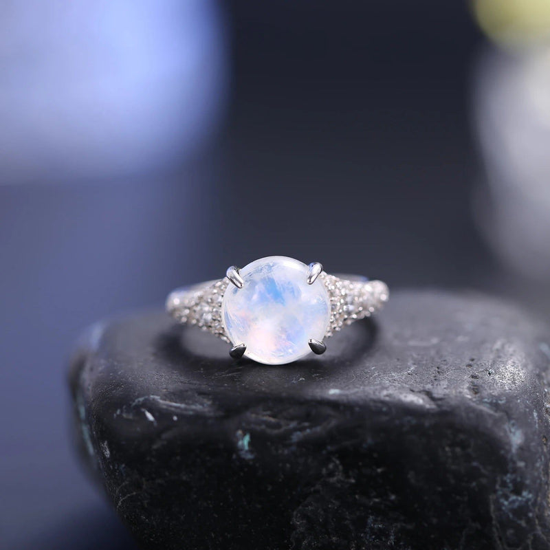 Natural Rainbow Moonstone Dainty Gemstone Rings 925 Silver