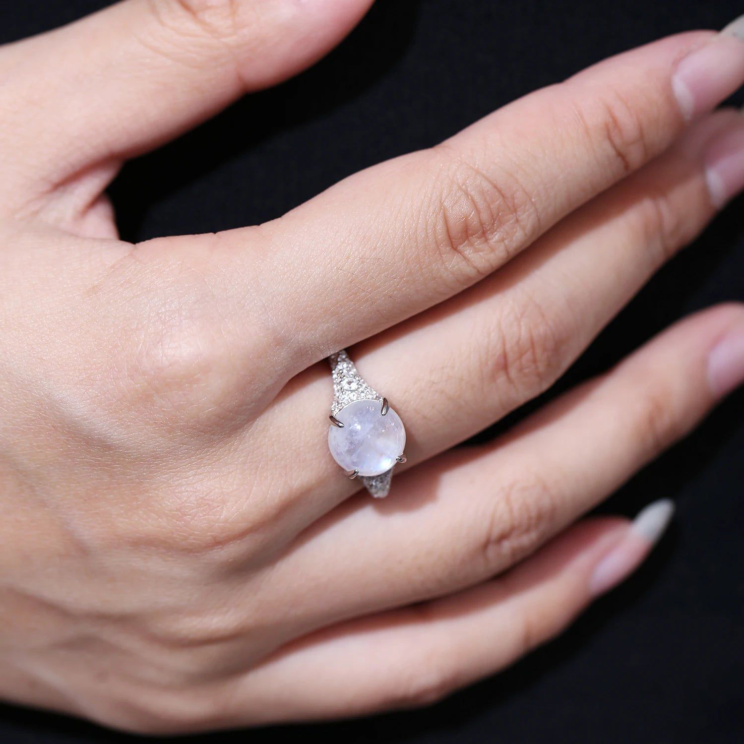 Natural Rainbow Moonstone Dainty Gemstone Rings 925 Silver