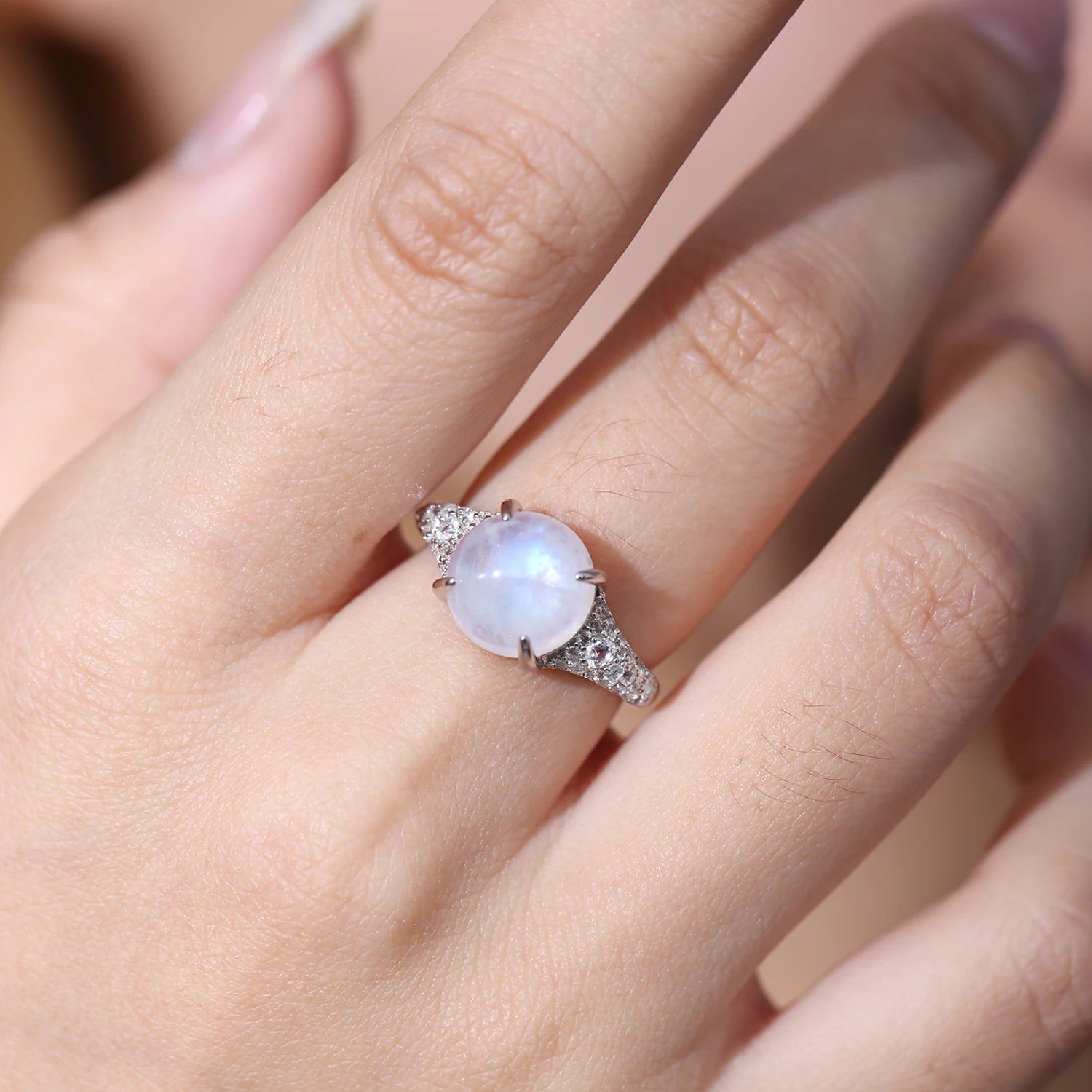 Natural Rainbow Moonstone Dainty Gemstone Rings 925 Silver