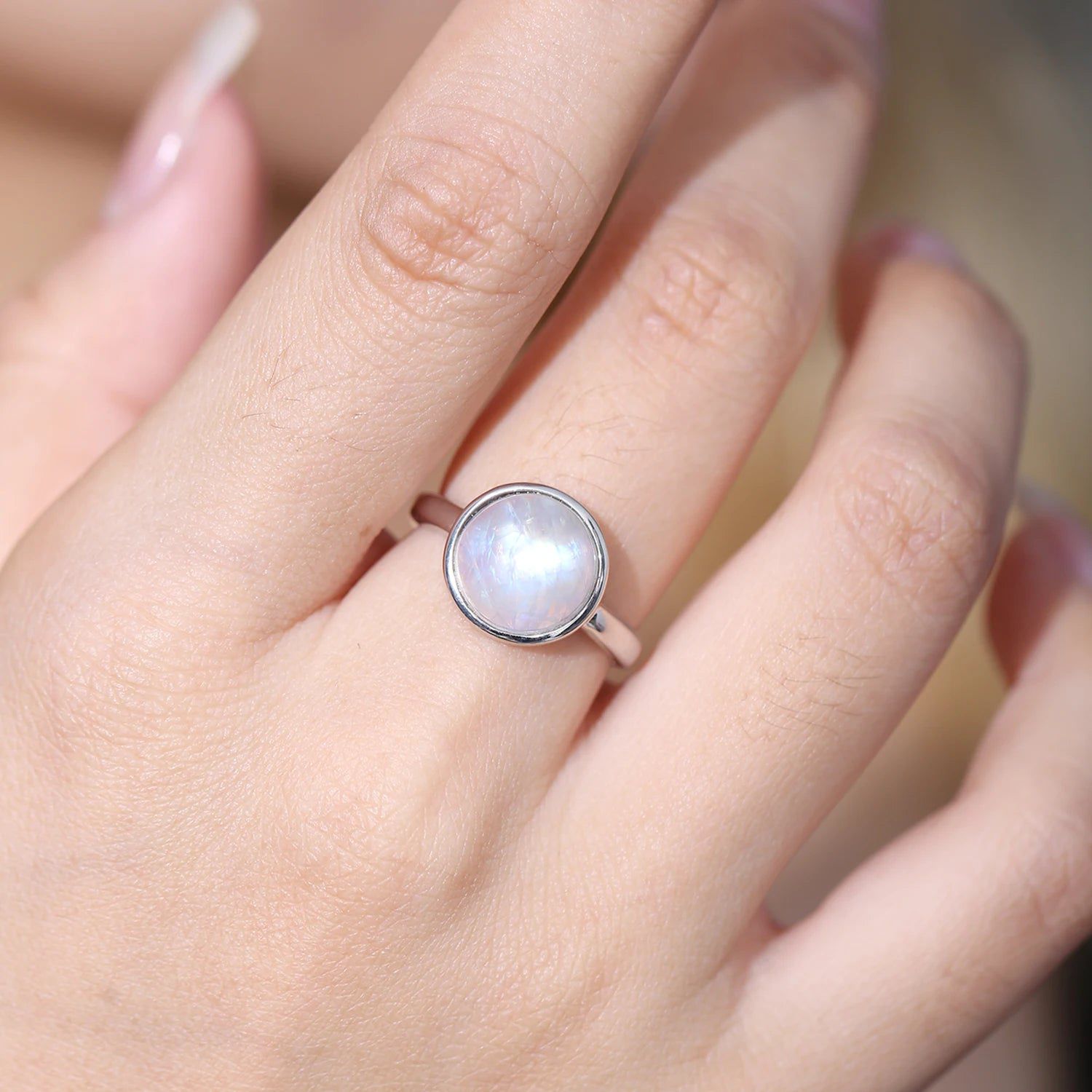 Natural Rainbow Moonstone Dainty Ring in 925 Silver For Her