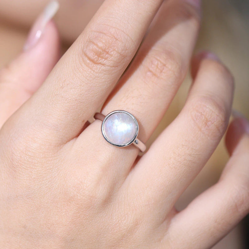 Natural Rainbow Moonstone Dainty Ring in 925 Silver For Her