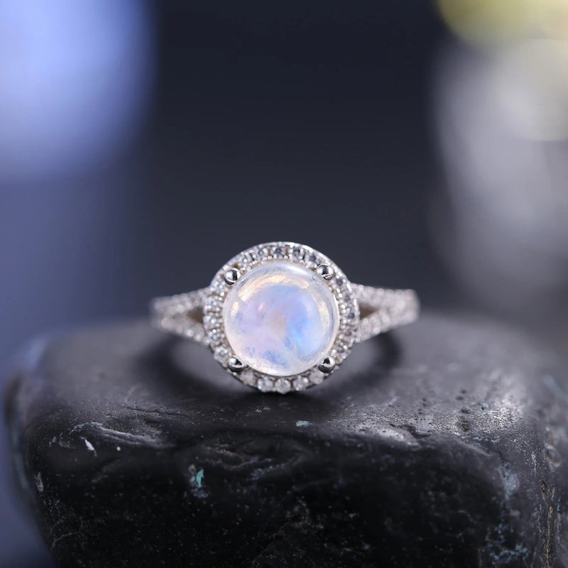 Natural Rainbow Moonstone Halo Rings 925 Sterling Silver Ring For Her