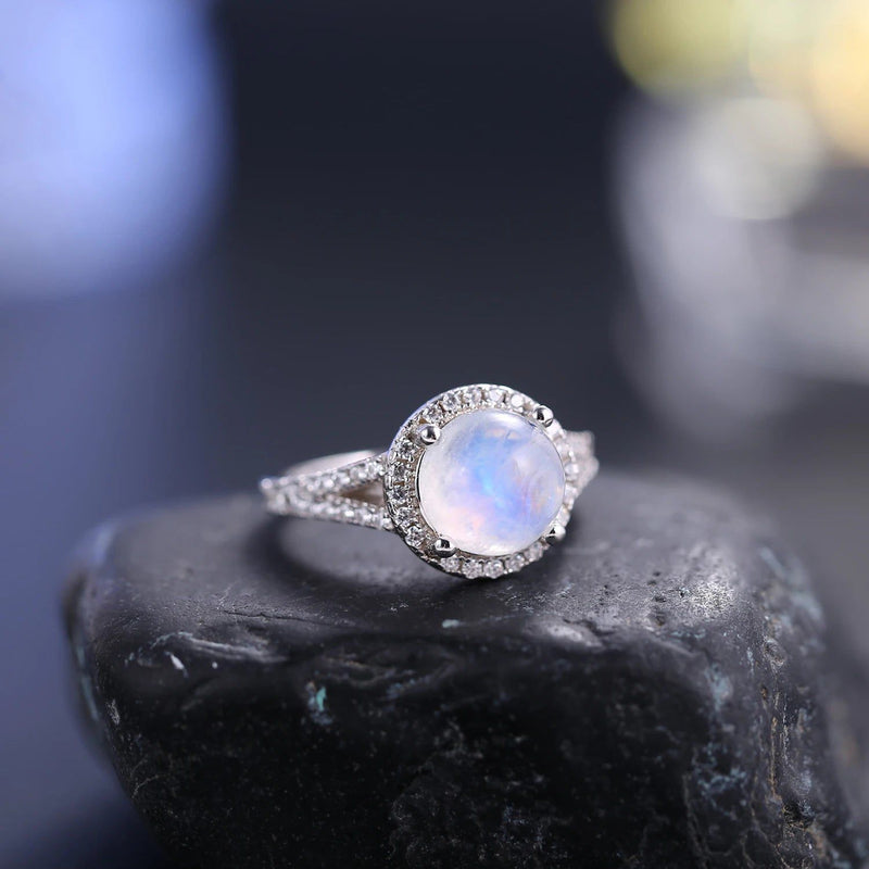 Natural Rainbow Moonstone Halo Rings 925 Sterling Silver Ring For Her