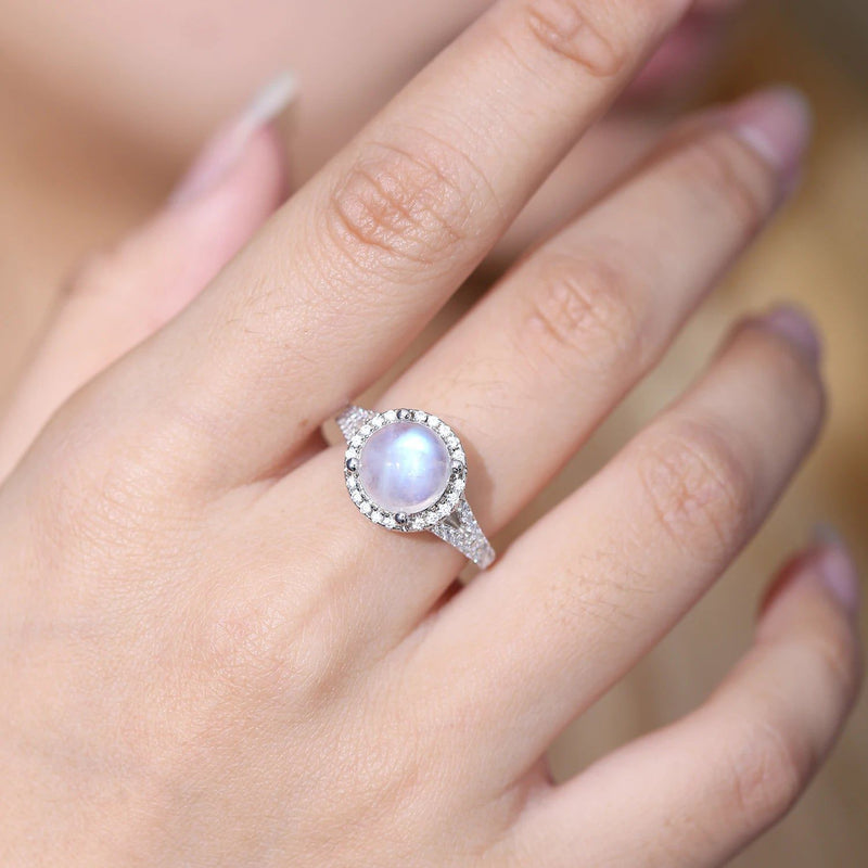 Natural Rainbow Moonstone Halo Rings 925 Sterling Silver Ring For Her