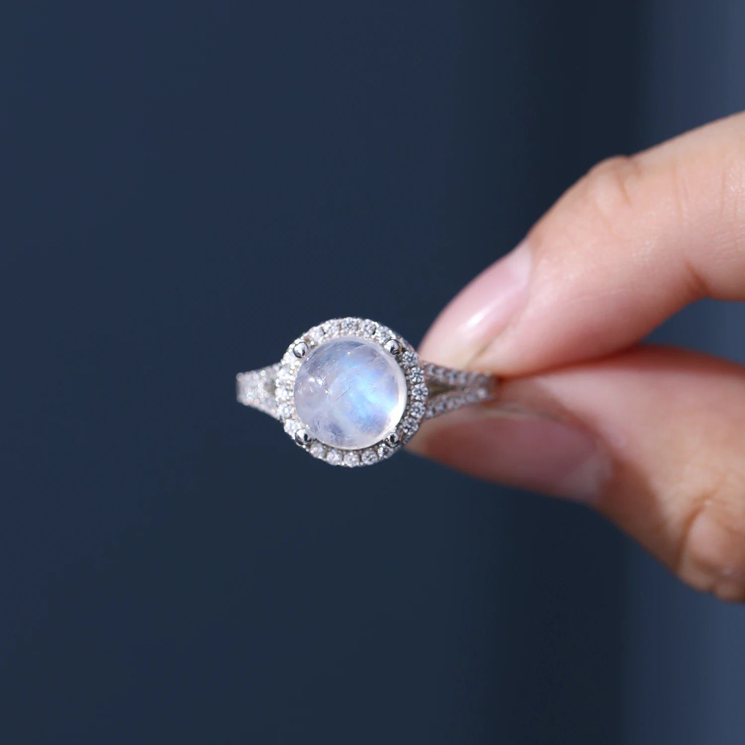 Natural Rainbow Moonstone Halo Rings 925 Sterling Silver Ring For Her