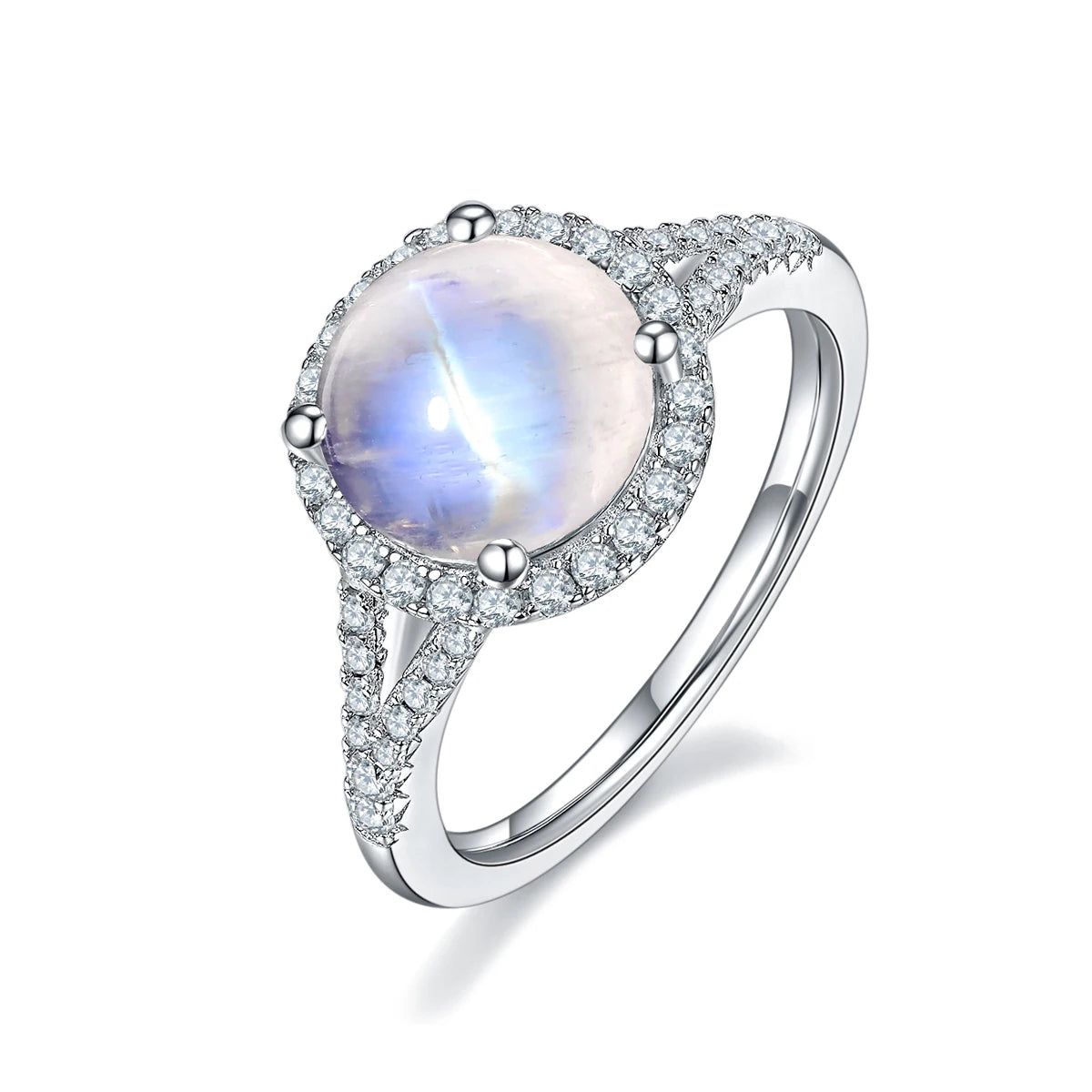 Natural Rainbow Moonstone Halo Rings 925 Sterling Silver Ring For Her