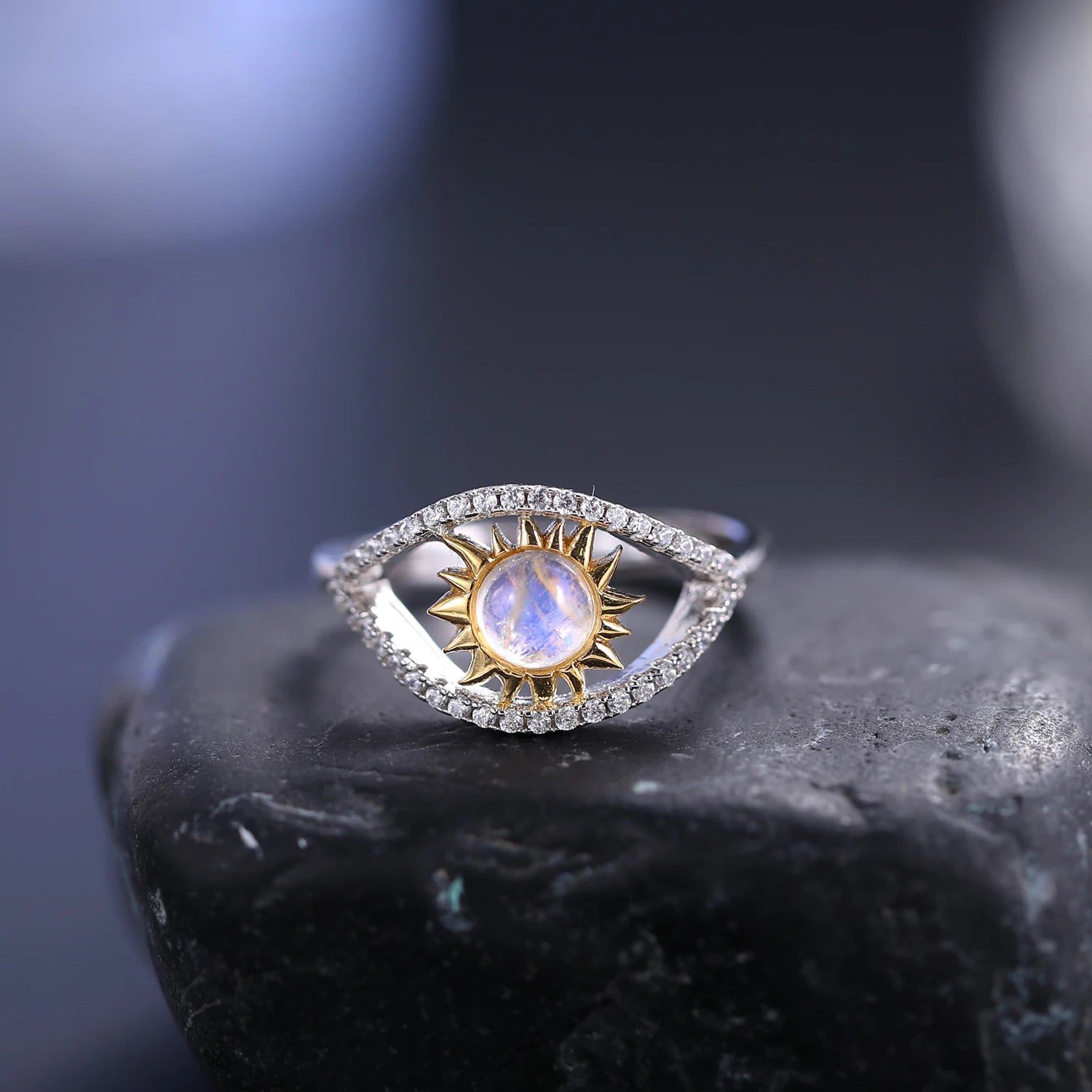 Natural Rainbow Moonstone Turkish Eye Rings 925 Sterling Silver