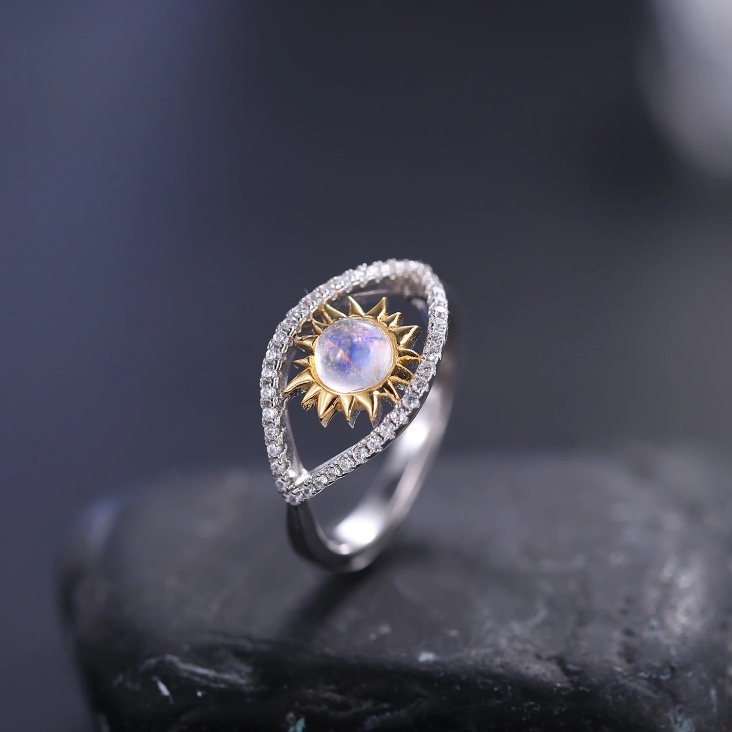 Natural Rainbow Moonstone Turkish Eye Rings 925 Sterling Silver