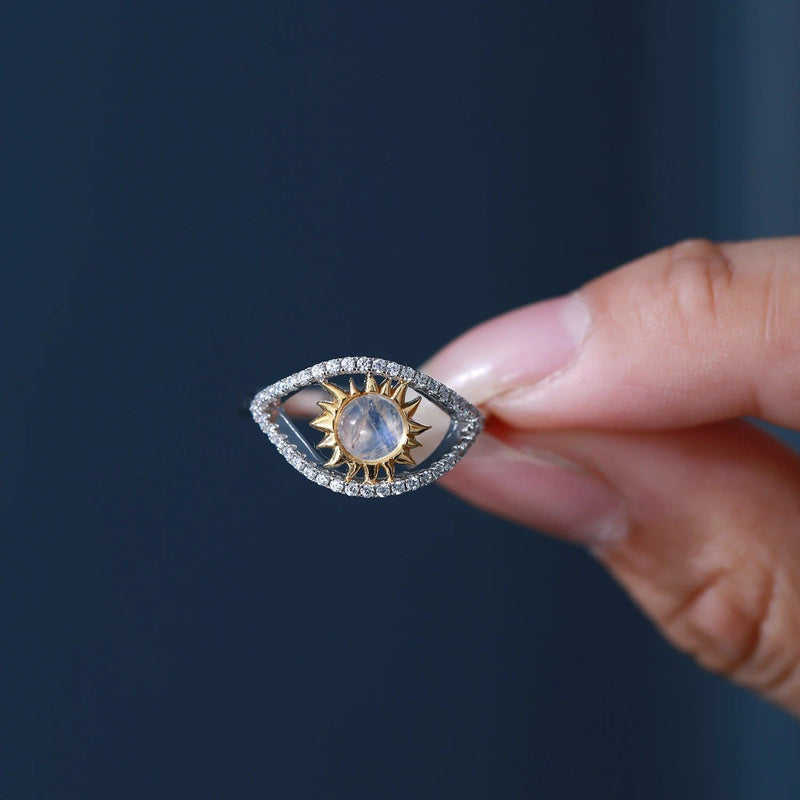 Natural Rainbow Moonstone Turkish Eye Rings 925 Sterling Silver