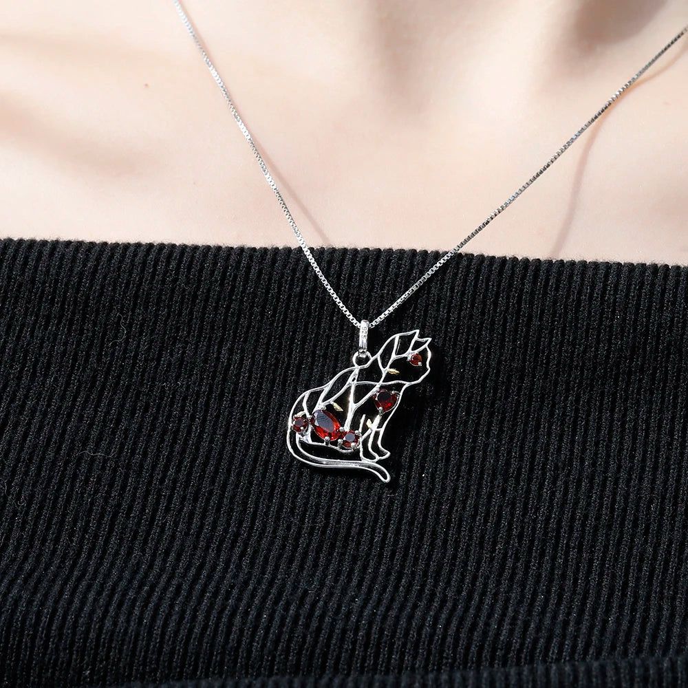 Natural Red Garnet Gemstone 925 Silver Cat Pendant Necklace